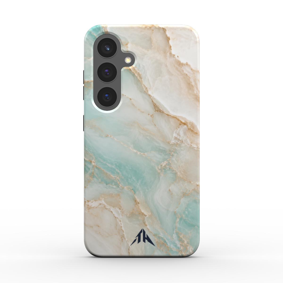 Magnetische Handyhülle „Aquamarin Marmor“ für Samsung Galaxy und Google Pixel – Rückansicht mit marineblauem Logo