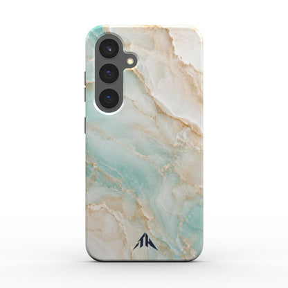 Magnetische Handyhülle „Aquamarin Marmor“ für Samsung Galaxy und Google Pixel – Rückansicht mit marineblauem Logo
