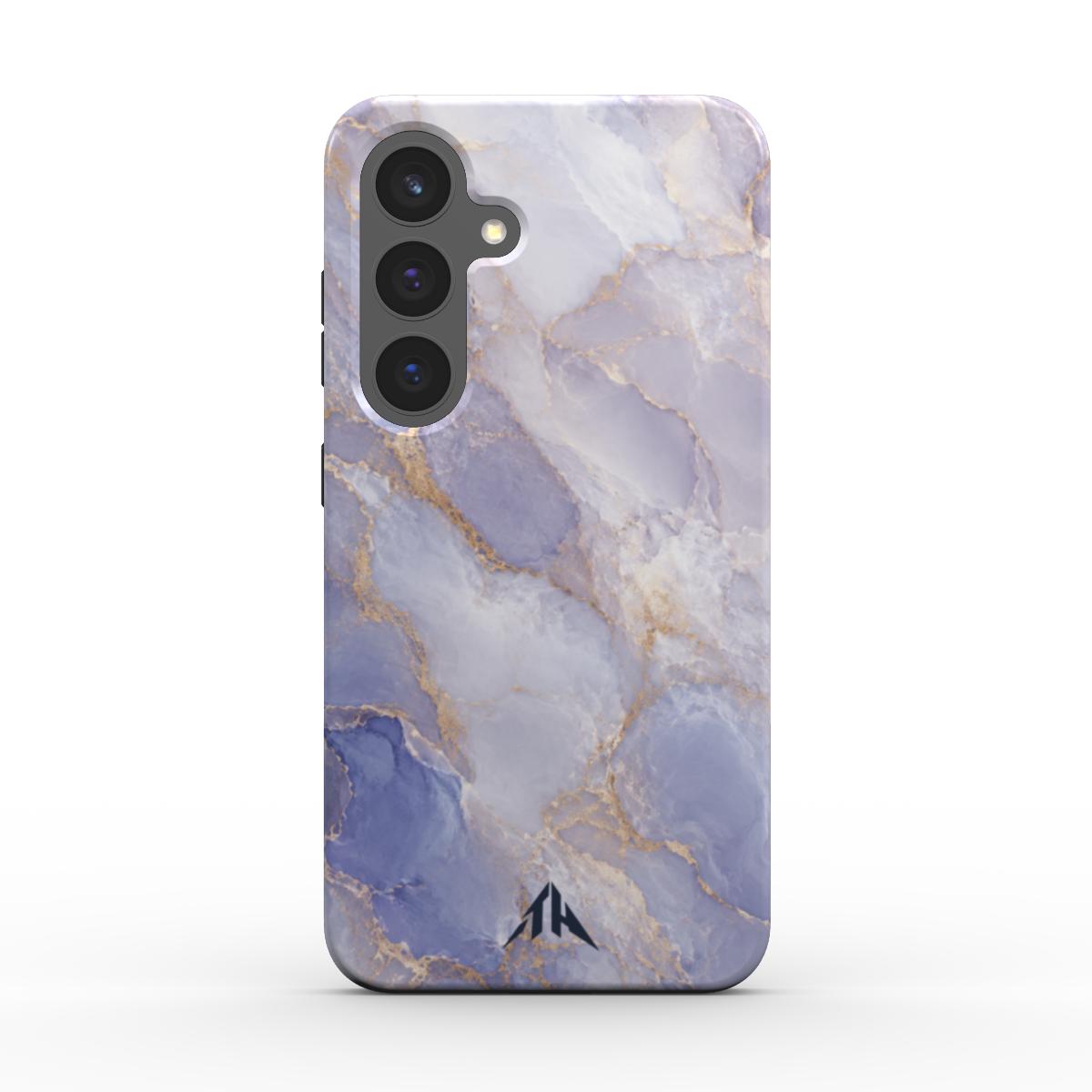 Magnetische Handyhülle „Lavendel Marmor“ für Samsung Galaxy und Google Pixel – Rückansicht mit marineblauem Logo