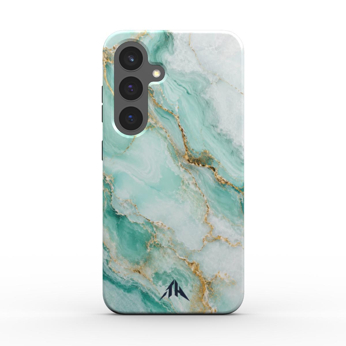 Magnetische Handyhülle „Türkisgold Marmor“ für Samsung Galaxy und Google Pixel – Rückansicht mit marineblauem Logo