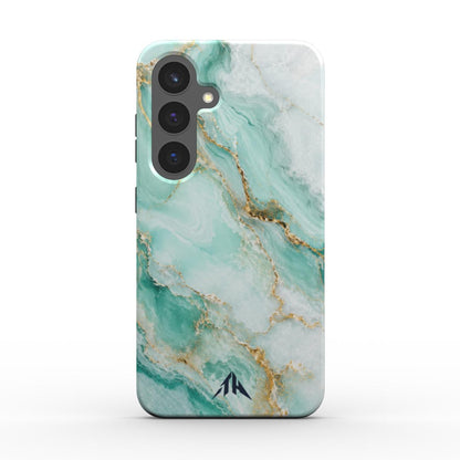 Magnetische Handyhülle „Türkisgold Marmor“ für Samsung Galaxy und Google Pixel – Rückansicht mit marineblauem Logo