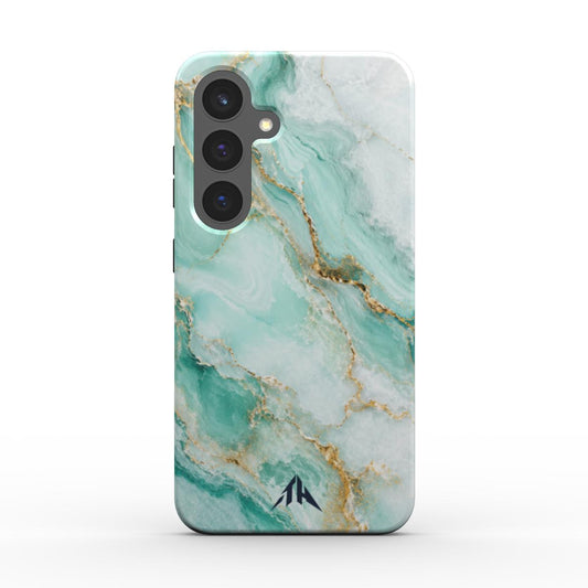 Magnetische Handyhülle „Türkisgold Marmor“ für Samsung Galaxy und Google Pixel – Rückansicht mit marineblauem Logo