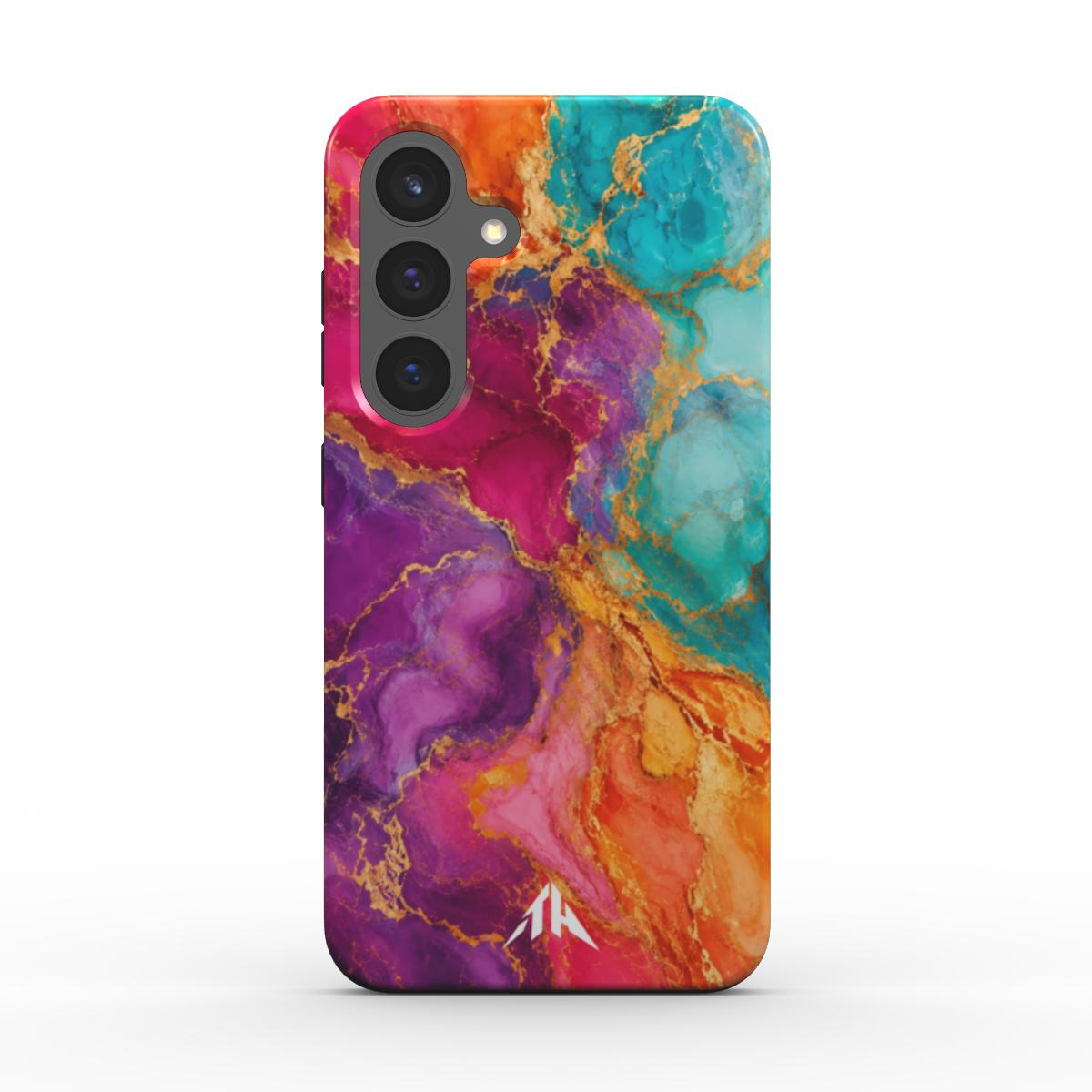 Magnetische Handyhülle „Regenbogen Marmor“ für Samsung Galaxy und Google Pixel – Rückansicht mit weissem Logo
