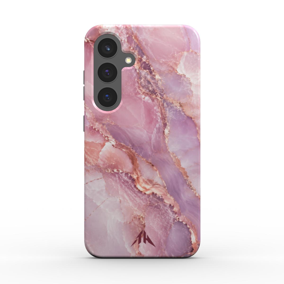 Magnetische Handyhülle „Rosé Marmor“ für Samsung Galaxy und Google Pixel – Rückansicht mit burgunderrotem Logo