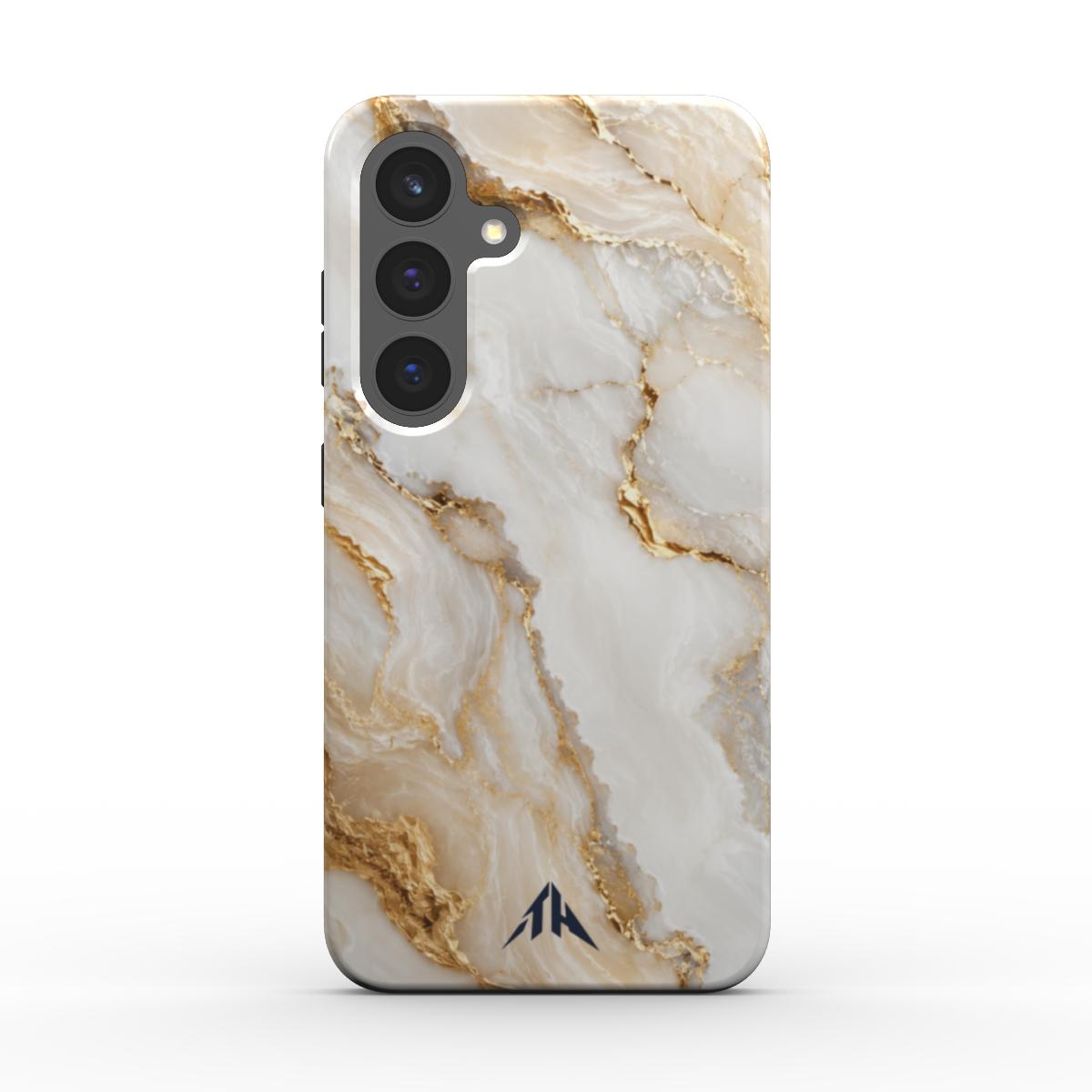 Magnetische Handyhülle „Goldader Marmor“ für Samsung Galaxy und Google Pixel – Rückansicht mit marineblauem Logo