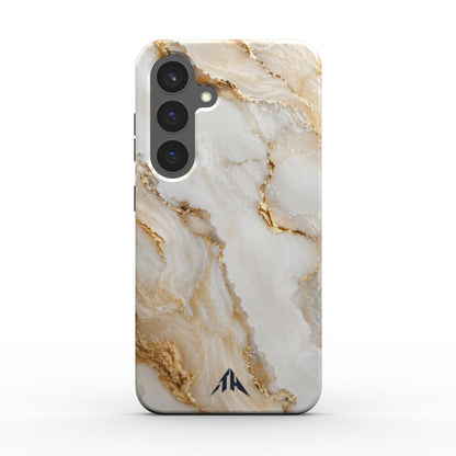 Magnetische Handyhülle „Goldader Marmor“ für Samsung Galaxy und Google Pixel – Rückansicht mit marineblauem Logo