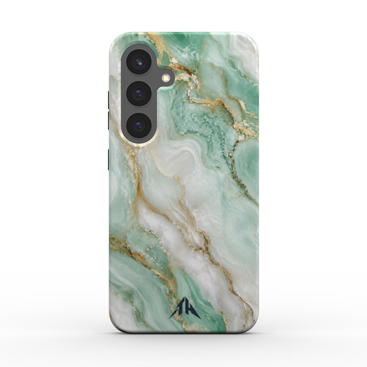 Magnetische Handyhülle „Mint Marmor“ für Samsung Galaxy und Google Pixel – Rückansicht mit marineblauem Logo