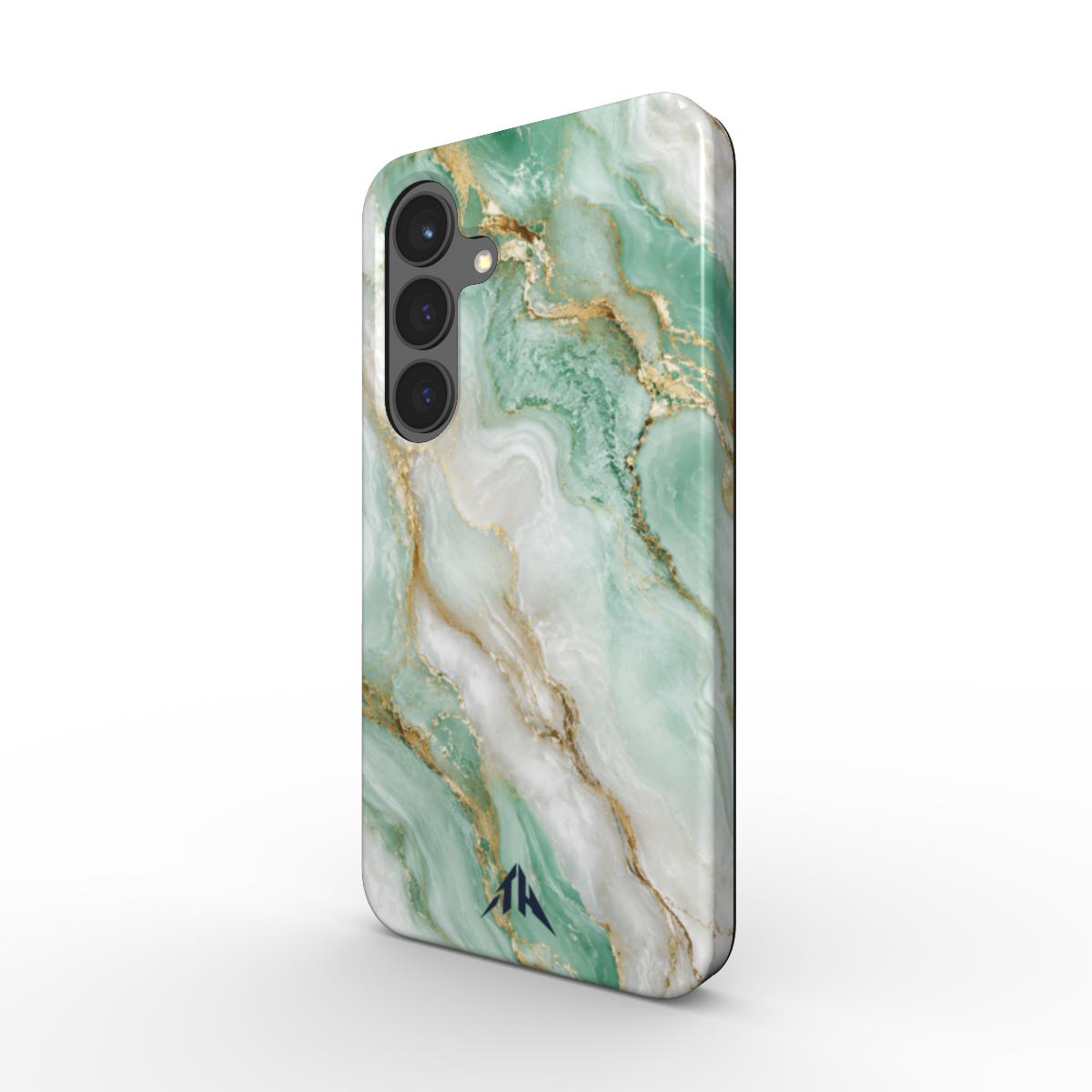Magnetische Handyhülle „Mint Marmor“ – Schrägansicht mit Goldkonturen und marineblauem Logo