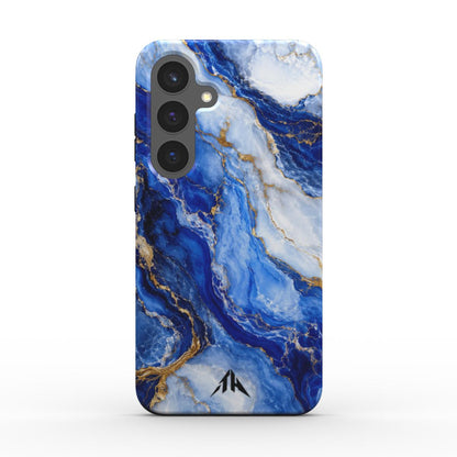 Magnetische Handyhülle „Kobalt Marmor“ für Samsung Galaxy und Google Pixel – Rückansicht mit schwarzem Logo