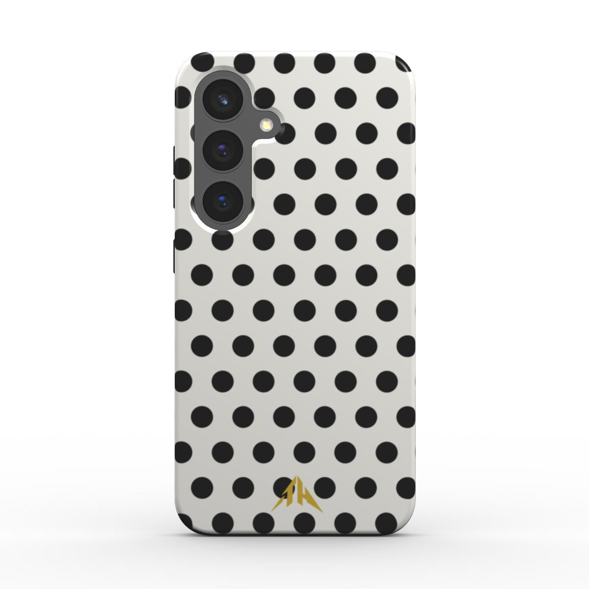 Magnetische Handyhülle „Grosse Schwarz-Weiss-Punkte“ – Rückansicht mit Gold-Logo