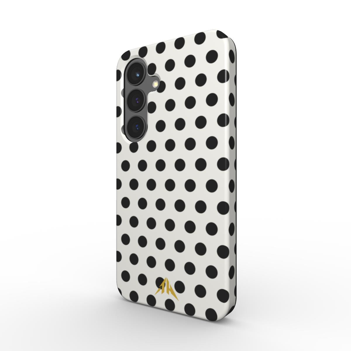 Magnetische Handyhülle „Grosse Schwarz-Weiss-Punkte“ – Schrägansicht mit Gold-Logo