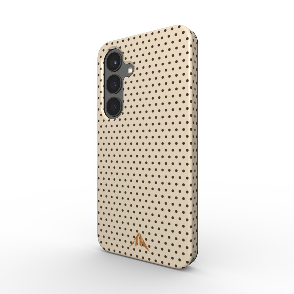 Magnetische Handyhülle „Kleine Espresso-Punkte“ – Schrägansicht mit Copper-Logo