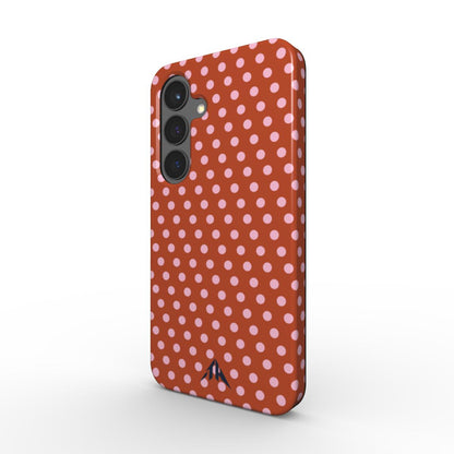 Magnetische Handyhülle „Orange & Rosa“ – Schrägansicht mit Navy-Logo