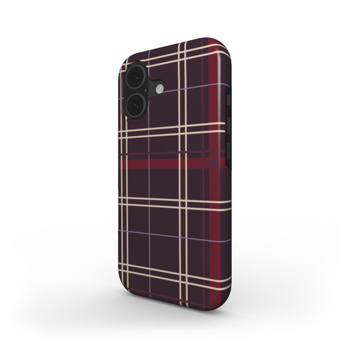 Stossfeste Handyhülle „Pflaumennacht Tartan“ – Schrägansicht mit Kameraschutz