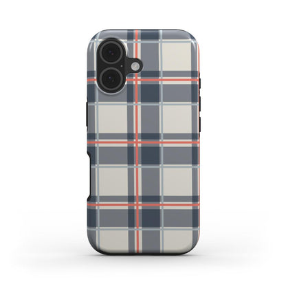 Stossfeste Handyhülle „Marineblau-Persimone Tartan“ – Tartan-Karo, Rückansicht