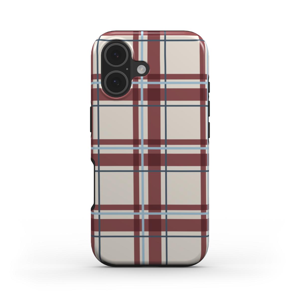 Stossfeste Handyhülle „Bordeaux-Himmelblau Tartan“ – Tartan-Karo, Rückansicht