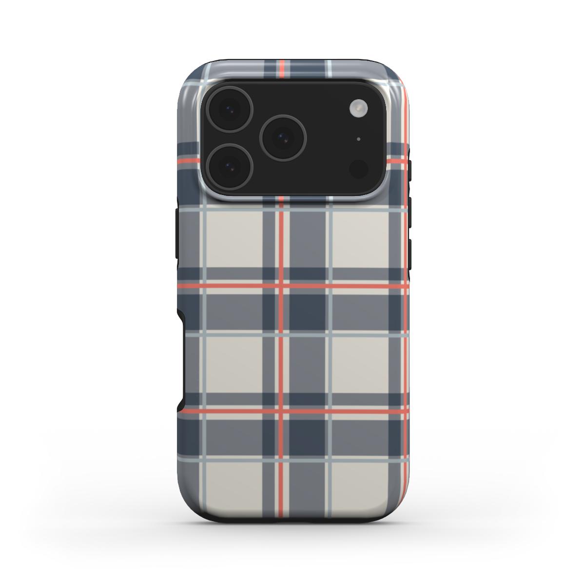 MagSafe Handyhülle „Marineblau-Persimone Tartan“ – Tartan-Karo, Rückansicht