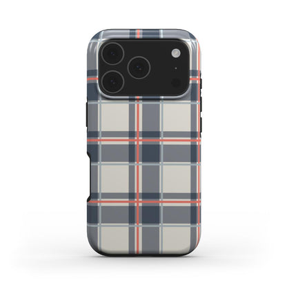 MagSafe Handyhülle „Marineblau-Persimone Tartan“ – Tartan-Karo, Rückansicht