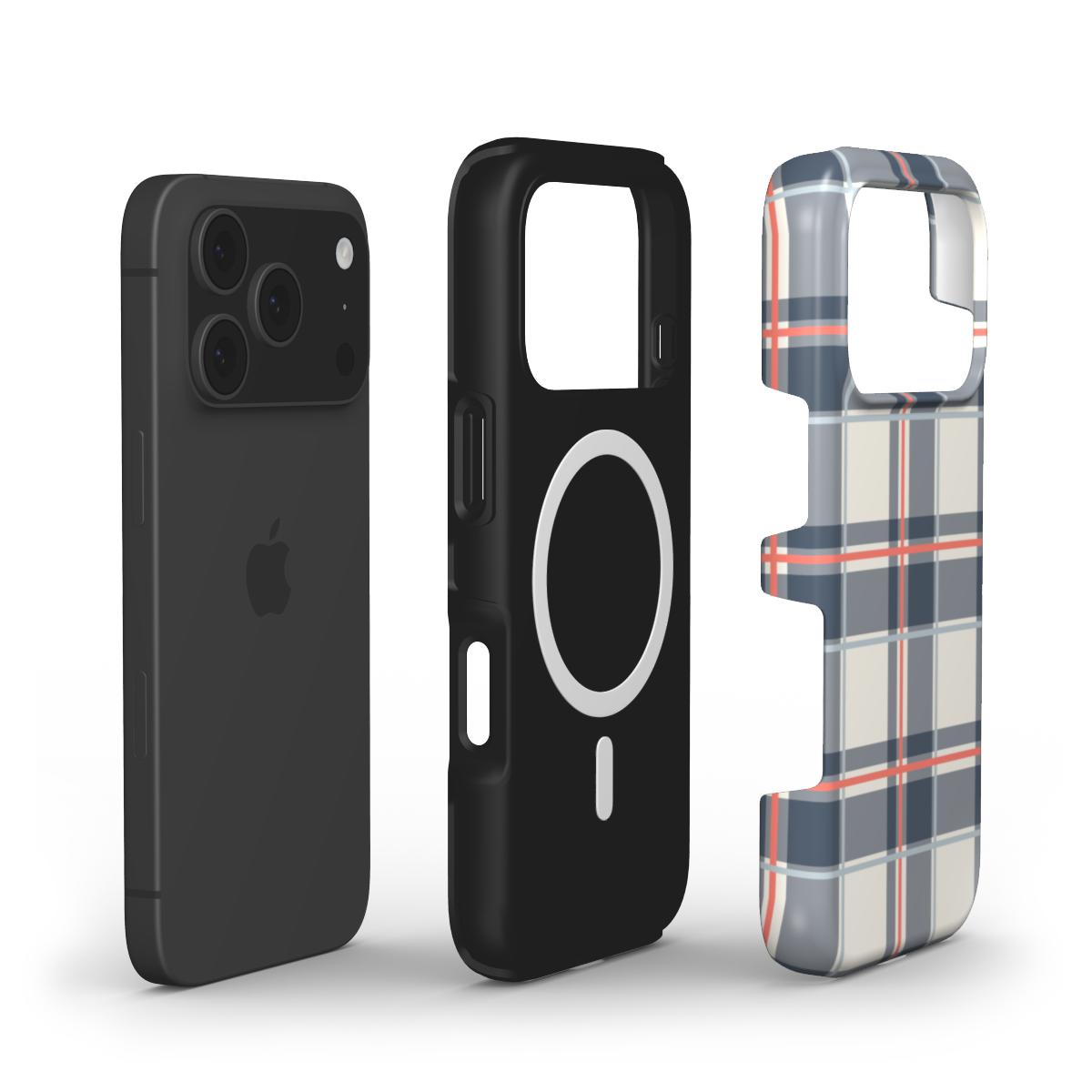 MagSafe Handyhülle „Marineblau-Persimone Tartan“ – Innenansicht mit Magnetring