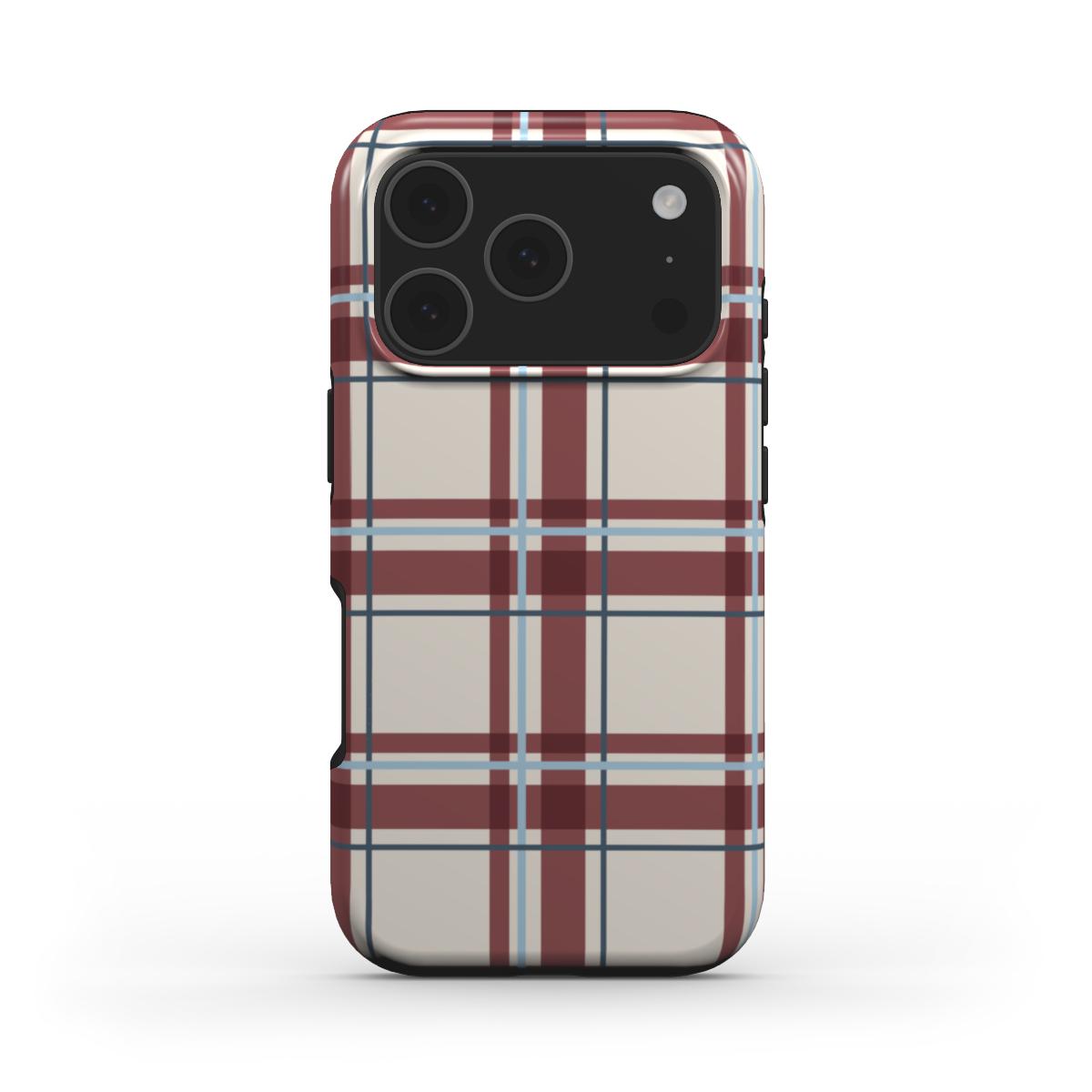 MagSafe Handyhülle „Bordeaux-Himmelblau Tartan“ – Tartan-Karo, Rückansicht