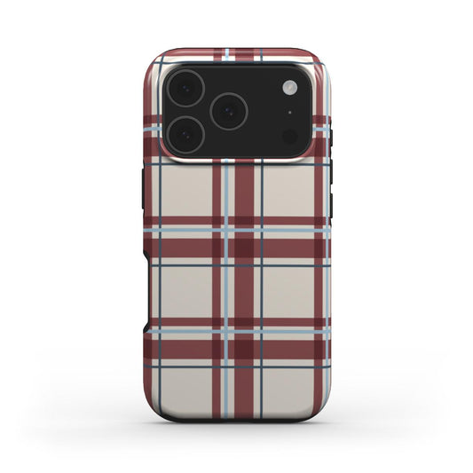MagSafe Handyhülle „Bordeaux-Himmelblau Tartan“ – Tartan-Karo, Rückansicht