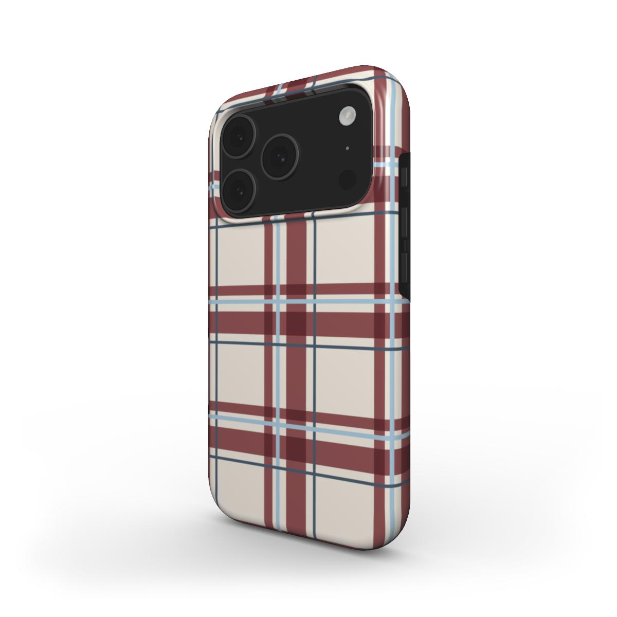 MagSafe Handyhülle „Bordeaux-Himmelblau Tartan“ – Schrägansicht mit Kameraschutz