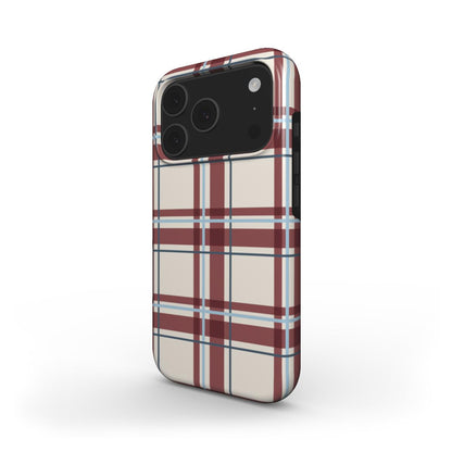 MagSafe Handyhülle „Bordeaux-Himmelblau Tartan“ – Schrägansicht mit Kameraschutz