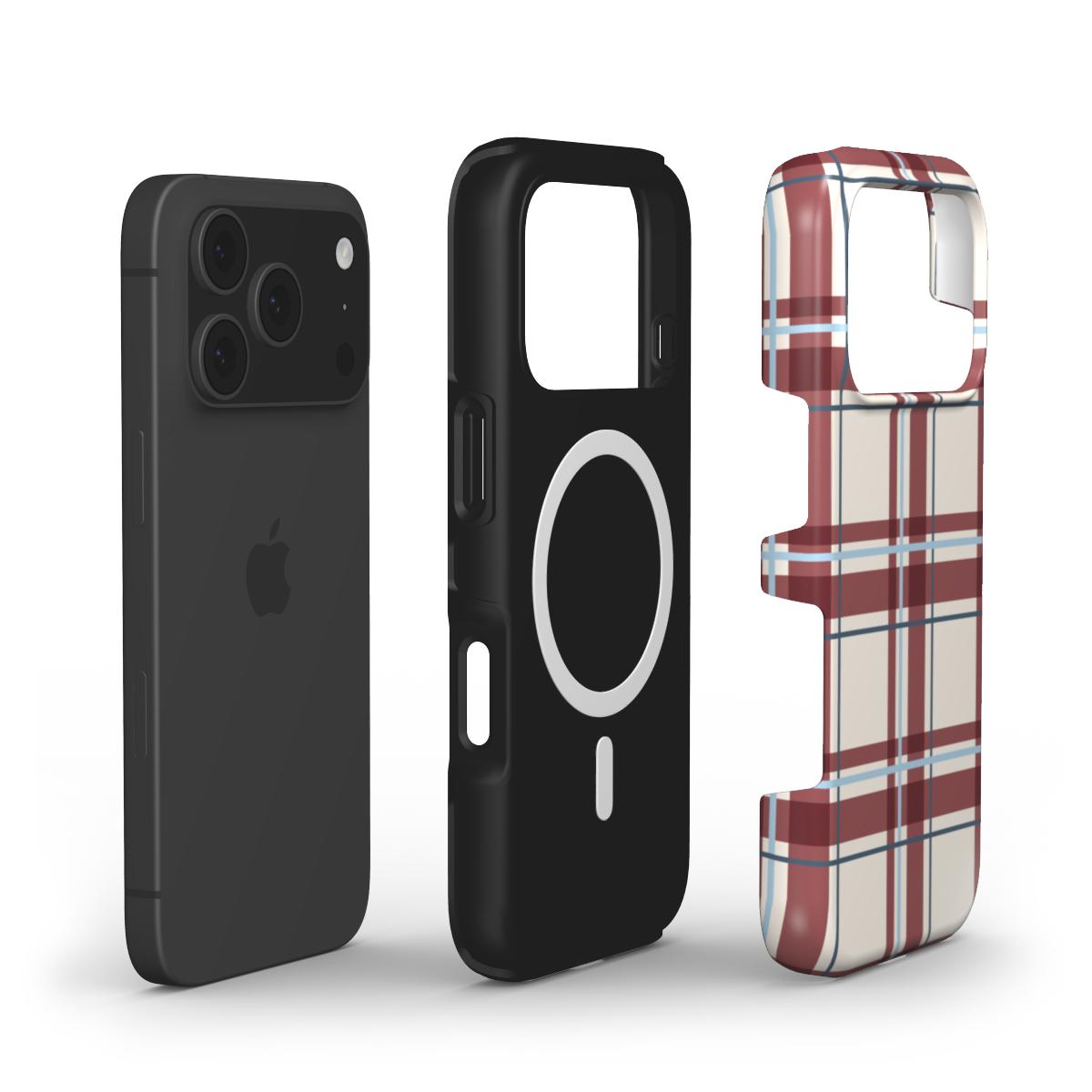 MagSafe Handyhülle „Bordeaux-Himmelblau Tartan“ – Innenansicht mit Magnetring