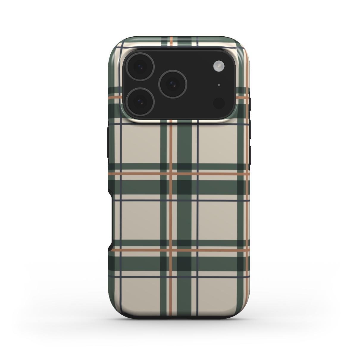 MagSafe Handyhülle „Kiefergrün-Kupfer Tartan“ – Tartan-Karo, Rückansicht