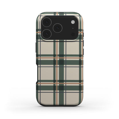 MagSafe Handyhülle „Kiefergrün-Kupfer Tartan“ – Tartan-Karo, Rückansicht