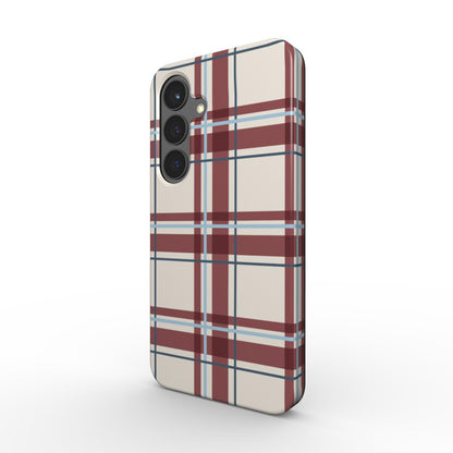 Magnetische Handyhülle „Bordeaux-Himmelblau Tartan“ – Schrägansicht mit Kameraschutz