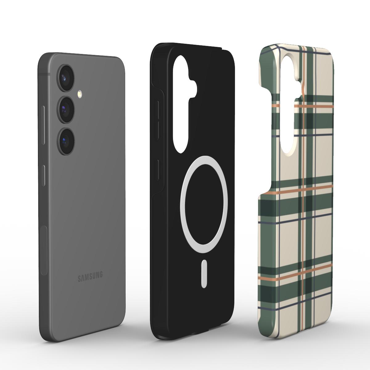 Magnetische Handyhülle „Kiefergrün-Kupfer Tartan“ – Innenansicht mit Magnetring