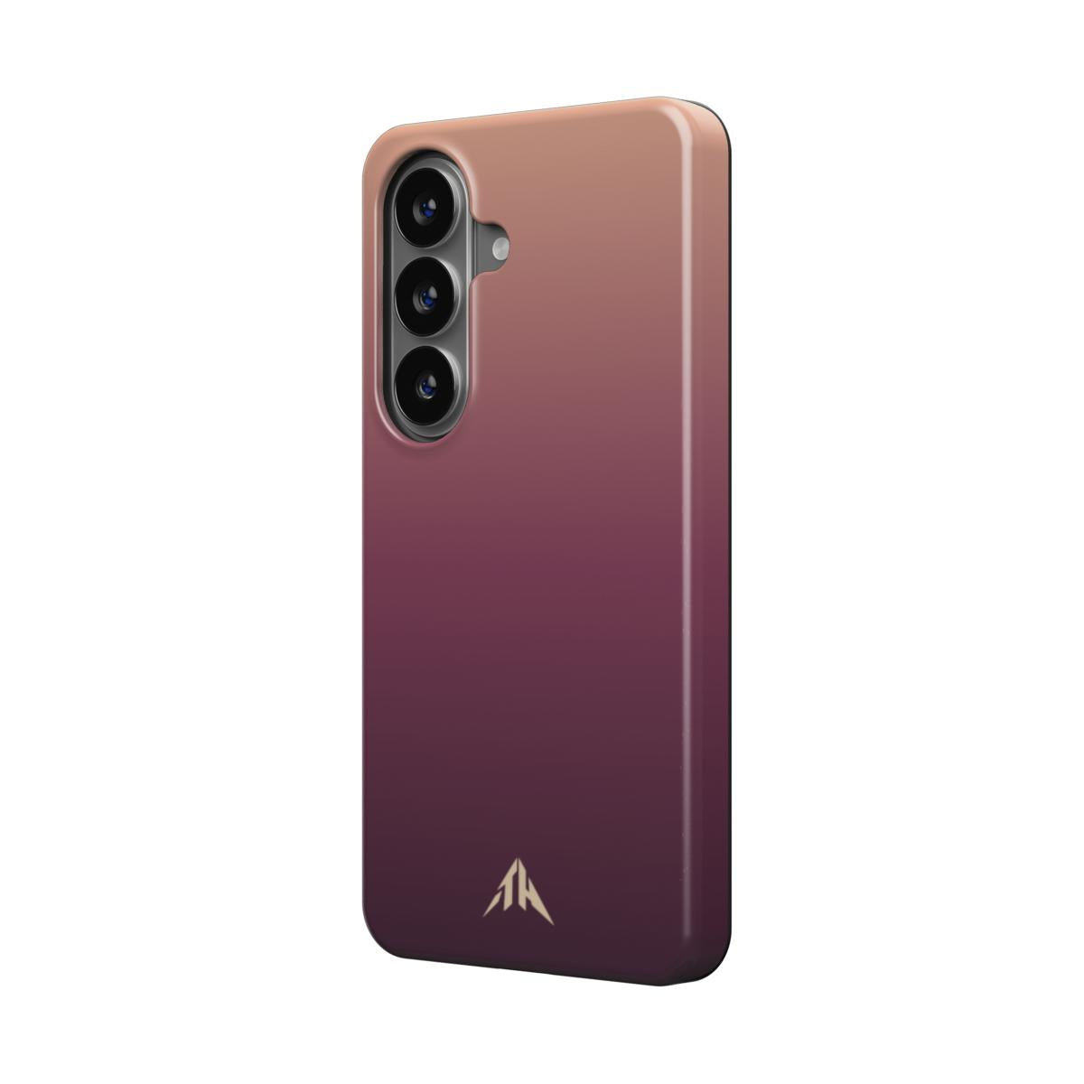 Magnetische Handyhülle „Aubergine-Roségold“ – Schrägansicht mit Kameraschutz