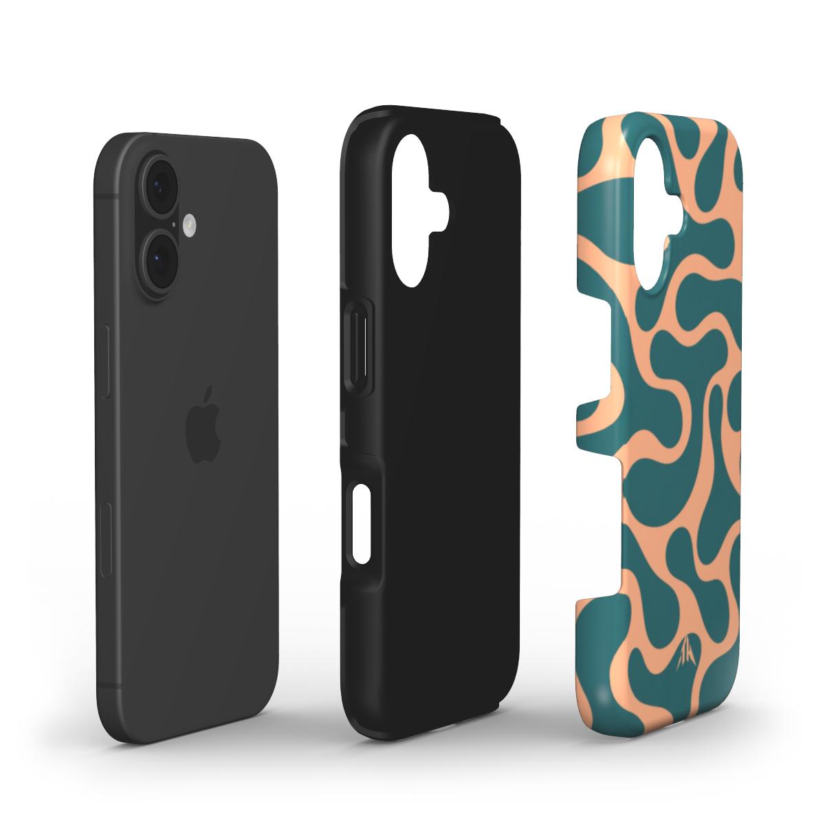 Stossfeste Handyhülle Retro-Wellen Petrol für iPhone 17 – Aufbau mit zwei Schutzschichten, Muster in Petrol und Pfirsich