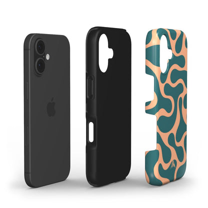 Stossfeste Handyhülle Retro-Wellen Petrol für iPhone 17 – Aufbau mit zwei Schutzschichten, Muster in Petrol und Pfirsich