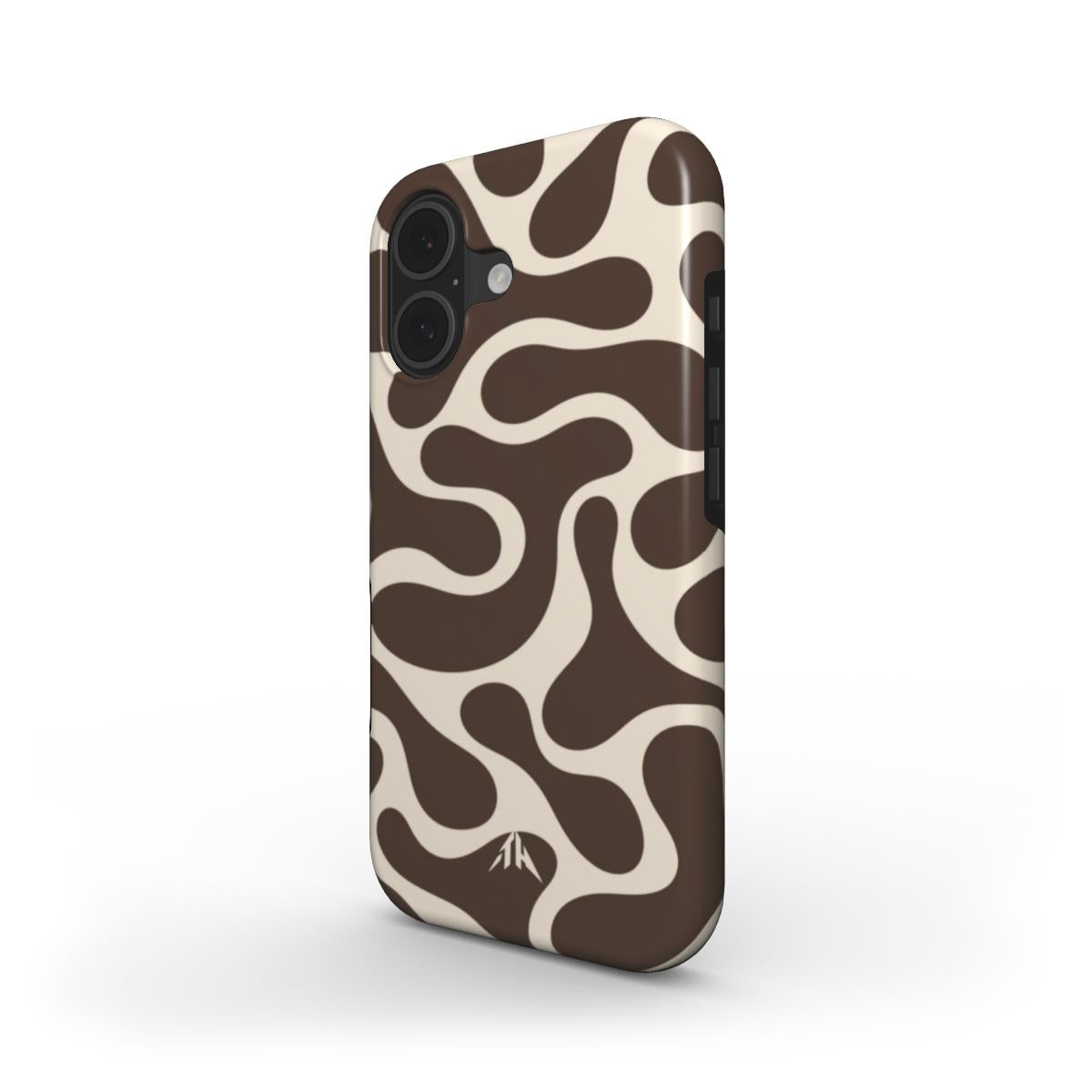 Stossfeste Handyhülle Retro-Wellen Braun für iPhone 17 – Schrägansicht mit Seitenrand, Muster in Braun und Creme