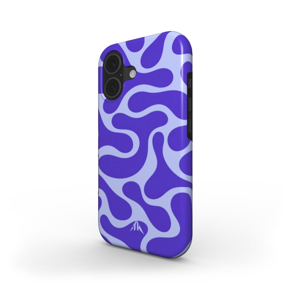 Stossfeste Handyhülle Retro-Wellen Blau für iPhone 17 – Schrägansicht mit Seitenrand, Muster in Blau und Helllila