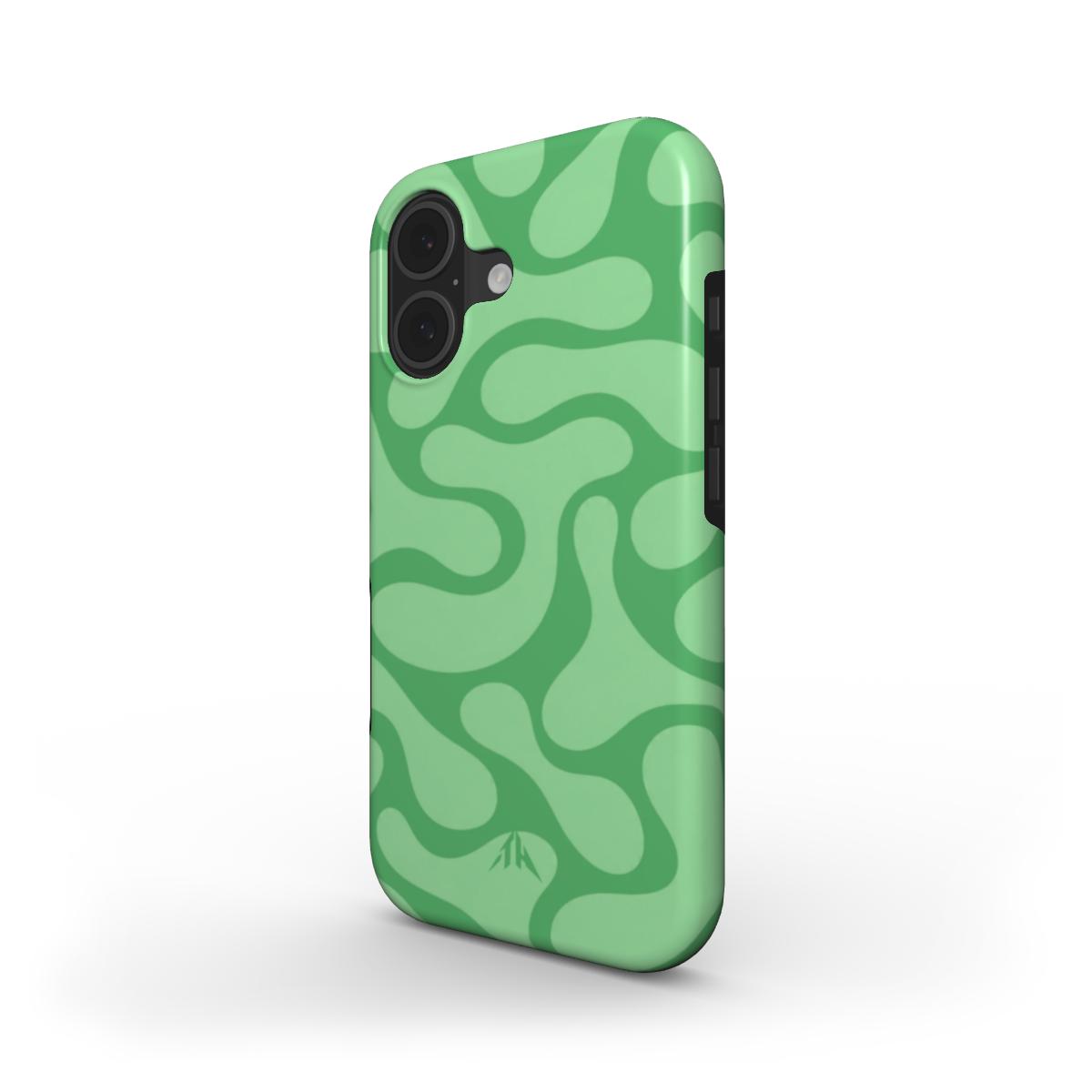Stossfeste Handyhülle Retro-Wellen Grün für iPhone 17 – Schrägansicht mit Seitenrand, Muster in Grün und Mint