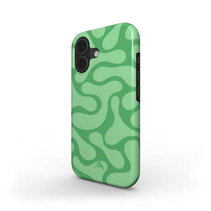 Stossfeste Handyhülle Retro-Wellen Grün für iPhone 17 – Schrägansicht mit Seitenrand, Muster in Grün und Mint