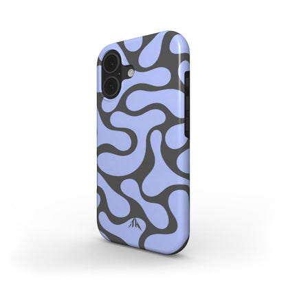 Stossfeste Handyhülle Retro-Wellen Grau für iPhone 17 – Schrägansicht mit Seitenrand, Muster in Anthrazit und Eisblau