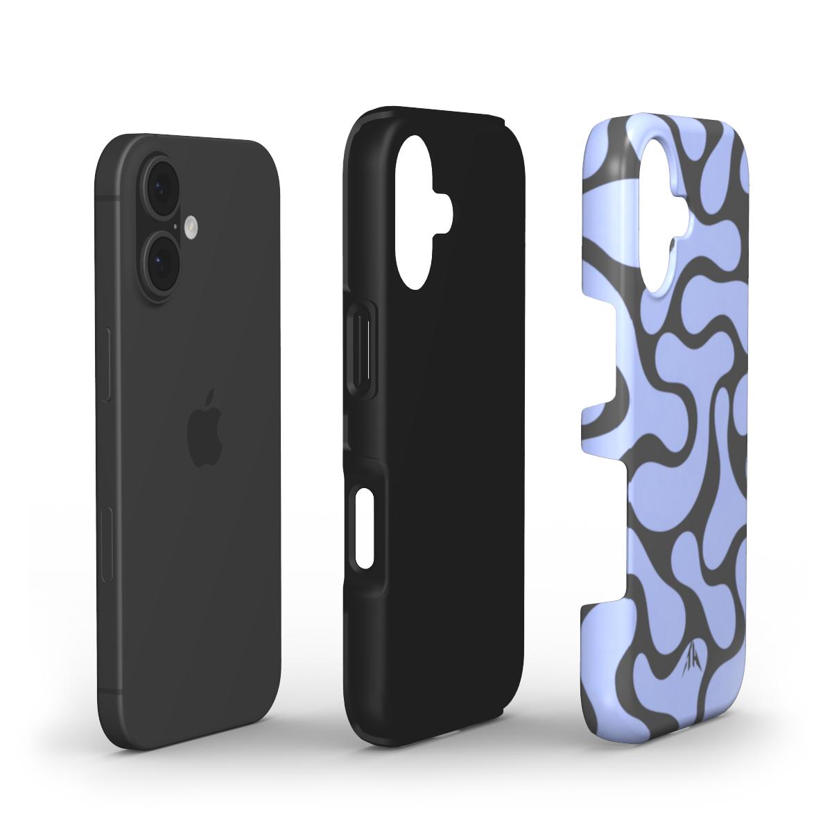 Stossfeste Handyhülle Retro-Wellen Grau für iPhone 17 – Aufbau mit zwei Schutzschichten, Muster in Anthrazit und Eisblau