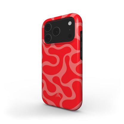 MagSafe Handyhülle Retro-Wellen Rot für iPhone 17 Pro – Schrägansicht mit Seitenrand, Muster in Rot und Koralle