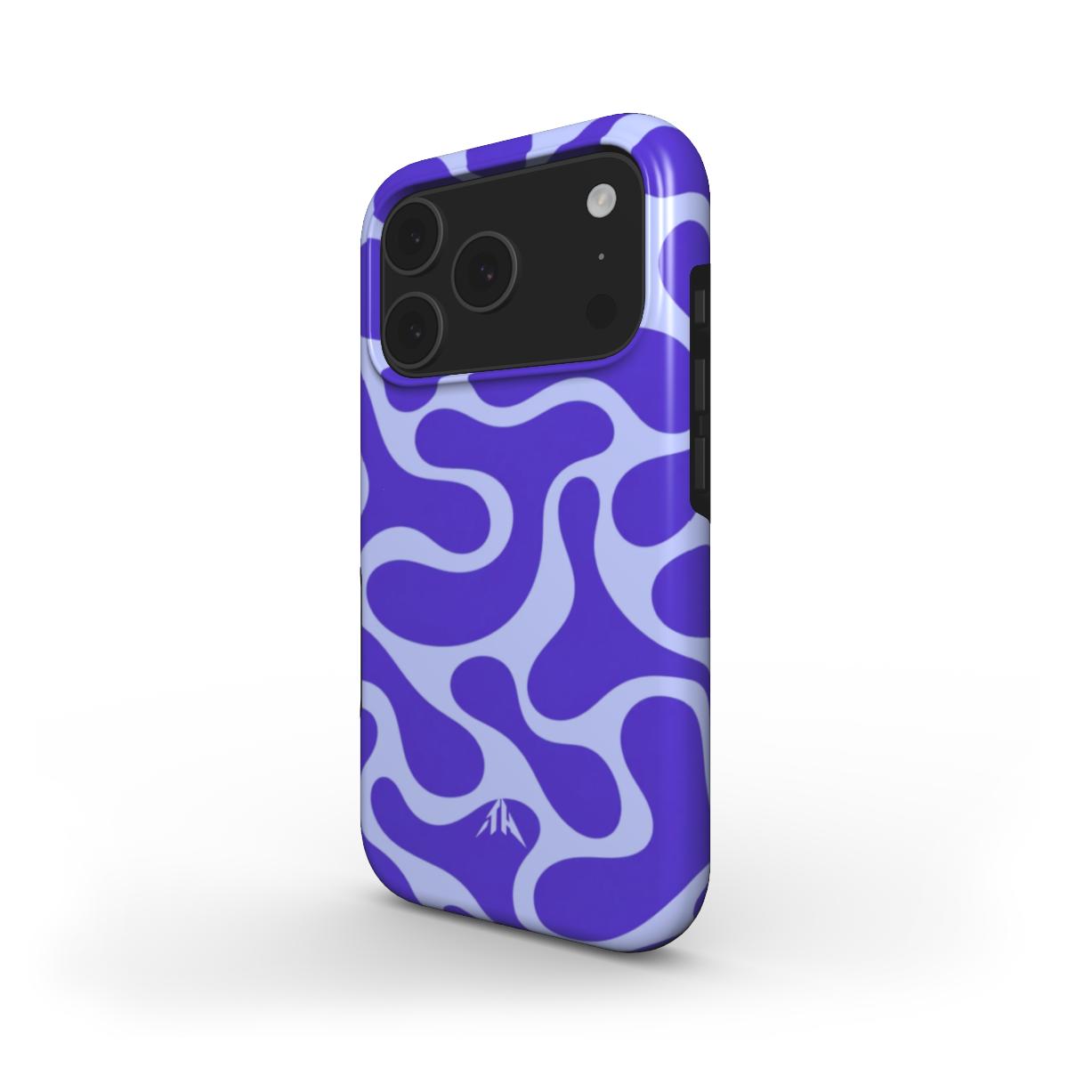 MagSafe Handyhülle Retro-Wellen Blau für iPhone 17 Pro – Schrägansicht mit Seitenrand, Muster in Blau und Helllila