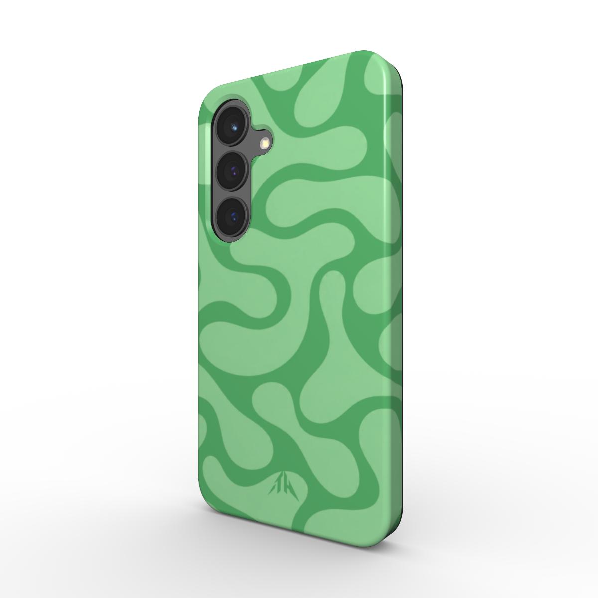 Magnetische Handyhülle Retro-Wellen Grün für Samsung Galaxy S25 – Schrägansicht mit Seitenrand, Muster in Grün und Mint