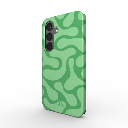Magnetische Handyhülle Retro-Wellen Grün für Samsung Galaxy S25 – Schrägansicht mit Seitenrand, Muster in Grün und Mint
