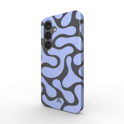 Magnetische Handyhülle Retro-Wellen Grau für Samsung Galaxy S25 – Schrägansicht mit Seitenrand, Muster in Anthrazit und Eisblau