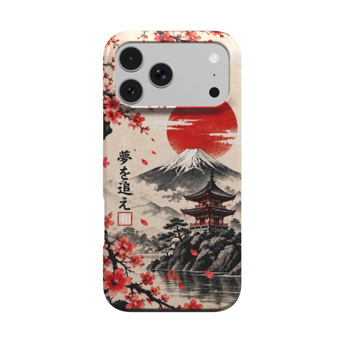 MagSafe Handyhülle „Sakura-Sonne“ mit Japan-Motiv, roter Sonne und Blüten – Produktansicht 1