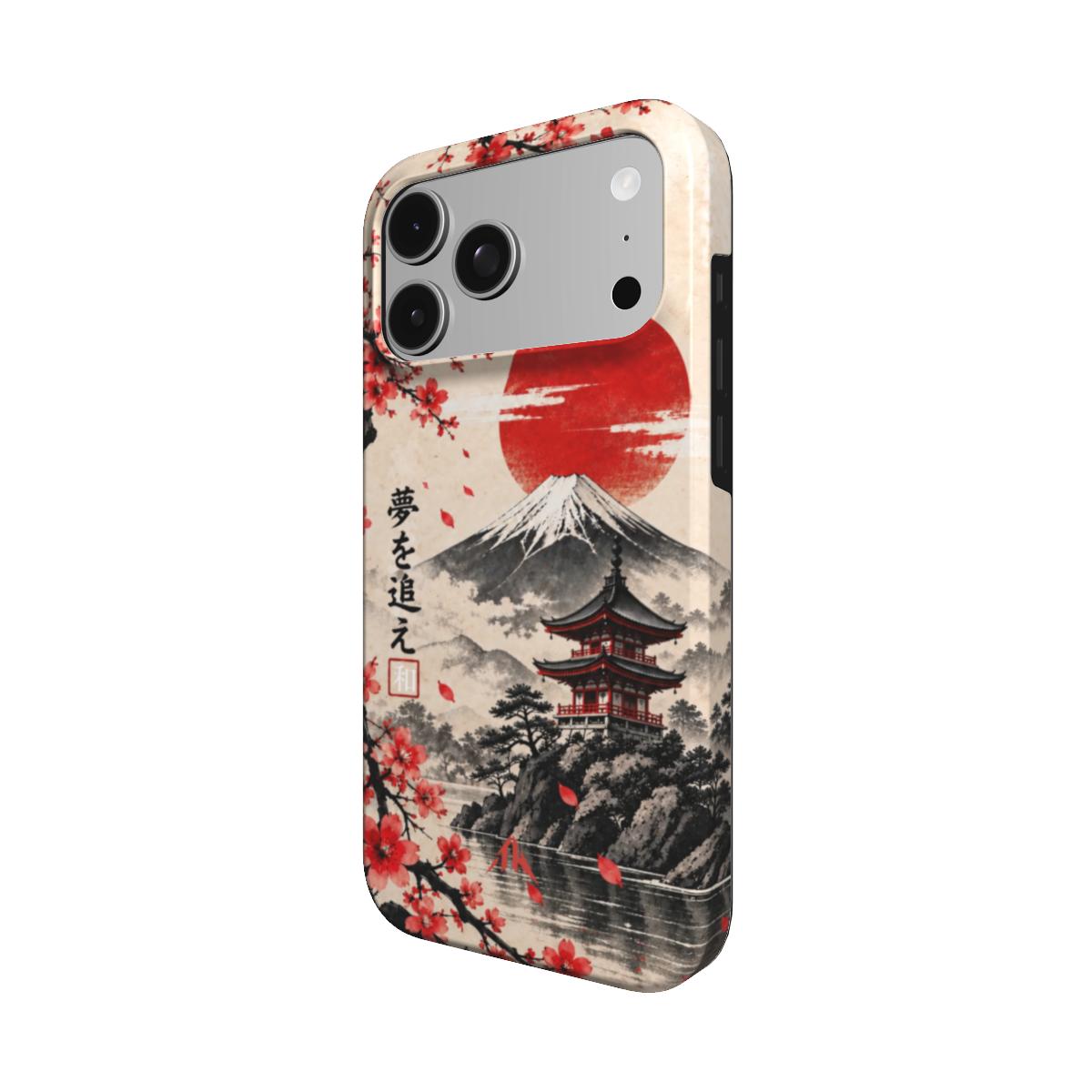 MagSafe Handyhülle „Sakura-Sonne“ mit Japan-Motiv, roter Sonne und Blüten – Produktansicht 2