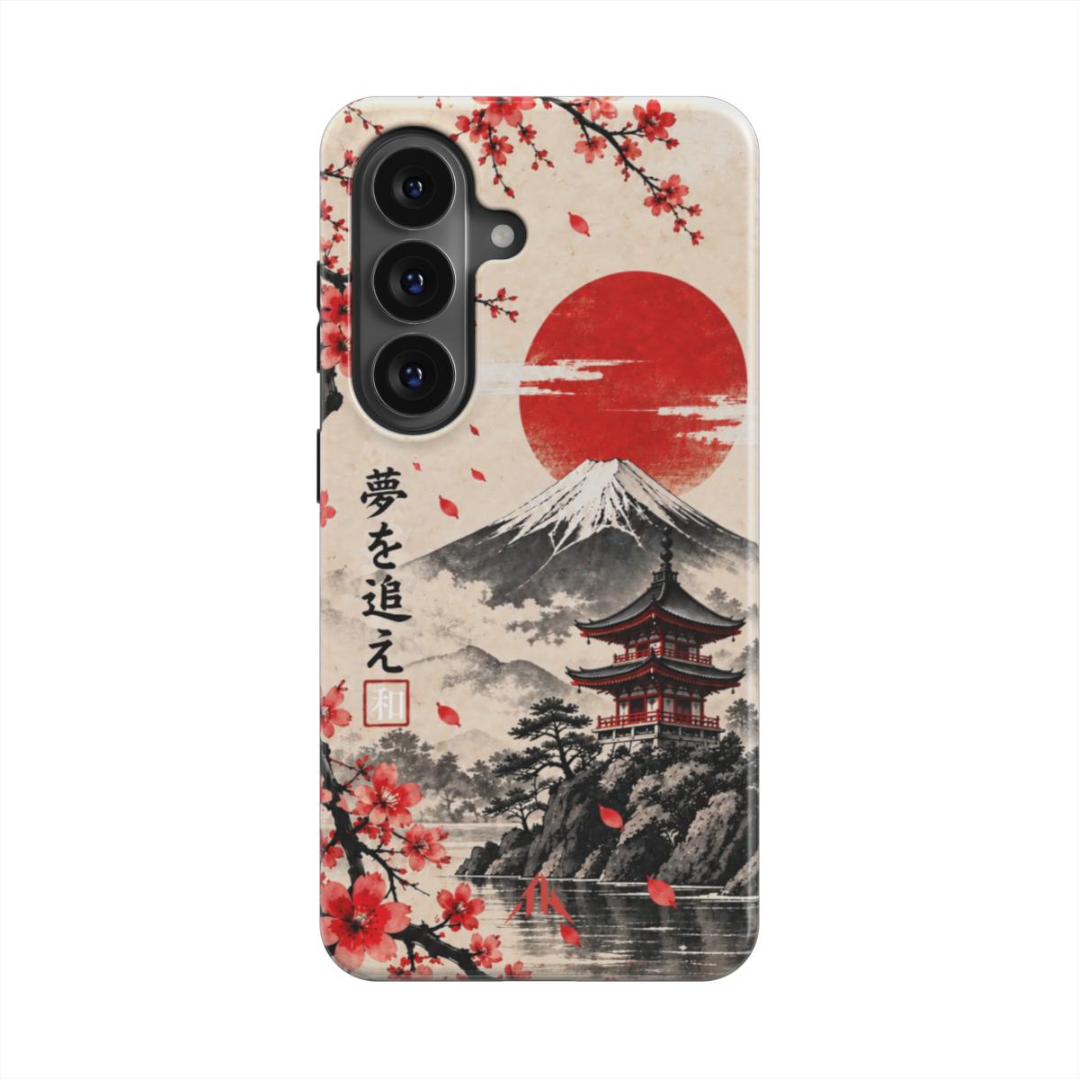 Magnetische Handyhülle „Sakura-Sonne“ mit Japan-Motiv, roter Sonne und Blüten – Produktansicht 1
