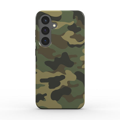 Rueckansicht der robusten Army-Green Camo Handyhuelle mit praezisen Kameraausschnitten und farbechtem Druck.